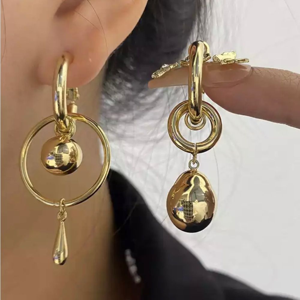 Gold Plated Mismatched Metal Ball Dangle Drop Earrings - Picture 9 of 10